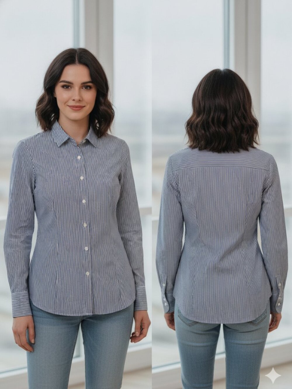 Thomas Mason Shirting for J. Crew Women's Shirt Navy Blue and White Stripes 4